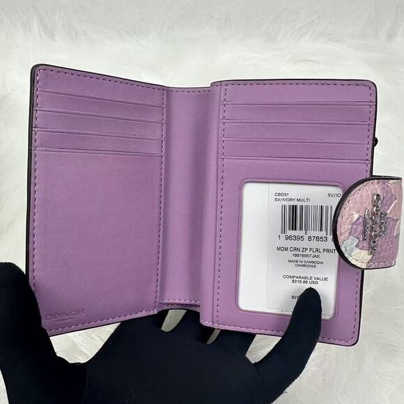 COACH Medium Corner Zip Wallet With Floral Print Ivory/Purple/Pink Multi CBO31 - Picture 3 of 4